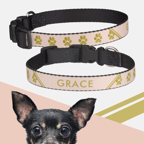 Elegant Faux gold Paw prints Blush pink Name Pet Collar