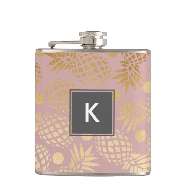 elegant faux gold pineapple pattern polka dots flask (Front)
