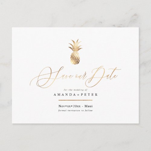 Elegant Faux Gold Pineapple Save the Date Postcard