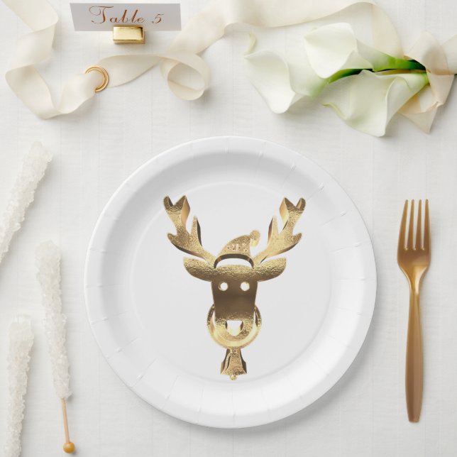 Elegant Faux Gold Reindeer Santa Hat Christmas Paper Plates (Wedding)