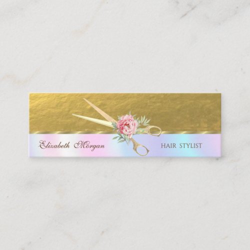 Elegant Faux Gold Scissors RoseHolographic Mini Business Card