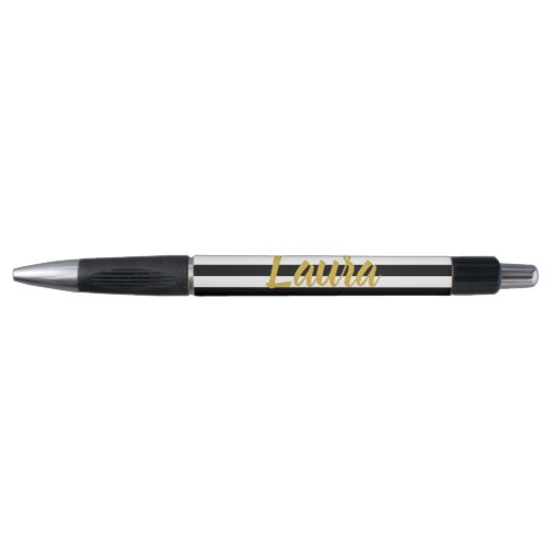 Elegant Faux Gold Script Black and White Stripes Pen