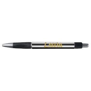 Elegant Faux Gold Script Name Black White Stripes Pen