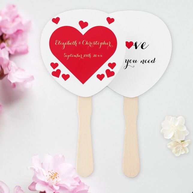 Elegant Faux Gold Script Red Hearts Summer Wedding Hand Fan (Elegant Faux Gold Script Red Hearts Summer Wedding Hand Fan)