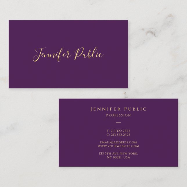 Elegant Faux Gold Script Template Purple Luxury Business Card (Front/Back)