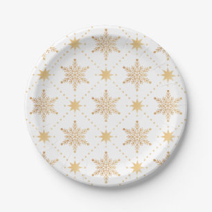 Elegant Faux Gold Snowflakes Christmas Patttern Paper Plates