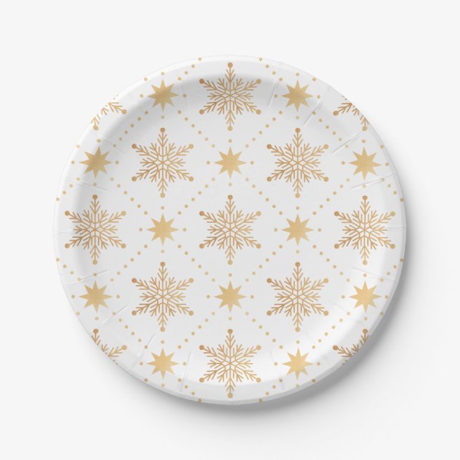 Elegant Faux Gold Snowflakes Christmas Patttern Paper Plates (Front)