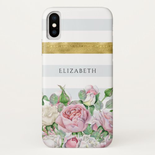 Elegant FAUX Gold Stripe With Pink Roses and Name iPhone X Case