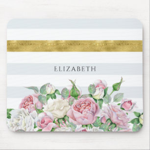 Elegant FAUX Gold Stripe With Pink Roses and Name Mouse Pad