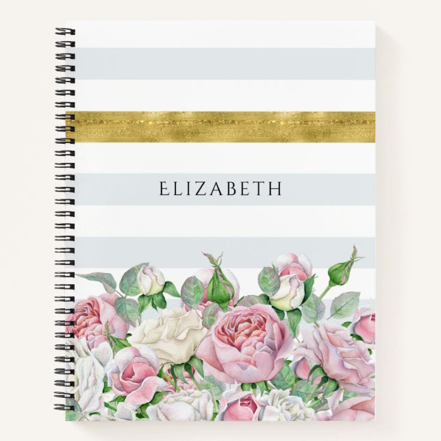 Elegant FAUX Gold Stripe With Pink Roses and Name Notebook (Front)