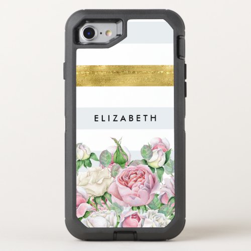 Elegant FAUX Gold Stripe With Pink Roses and Name OtterBox Defender iPhone SE87 Case