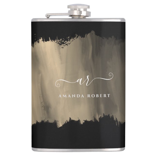 Elegant Faux Gold Stroke Monogrammed Black Flask (Front)