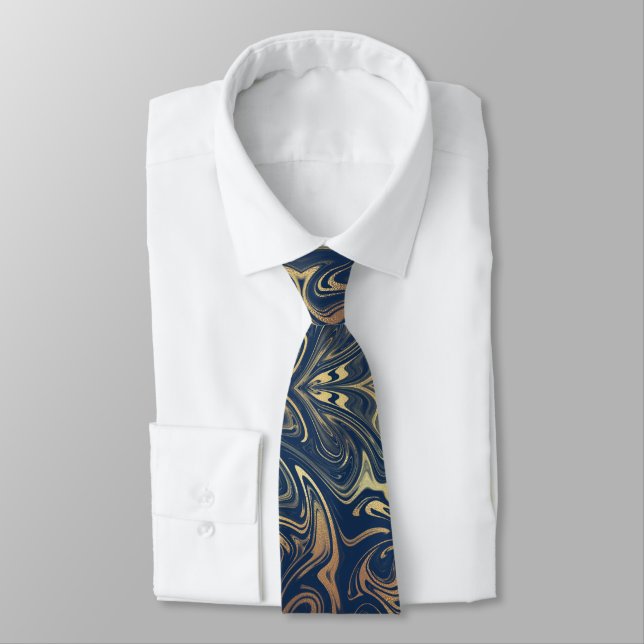 Elegant Faux Gold Swirls On Navy Blue Neck Tie (Tied)