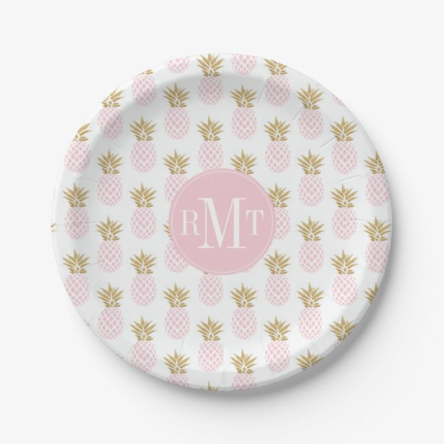 Elegant faux gold tropical pineapple pattern paper plates (Front)
