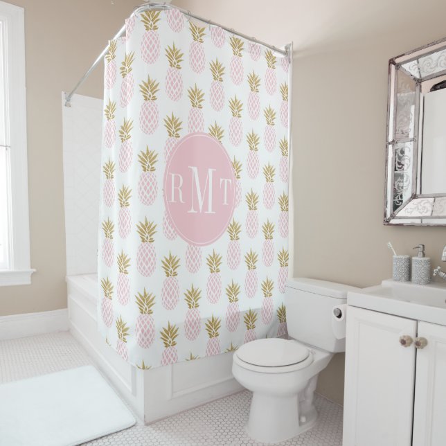 Elegant faux gold tropical pineapple pattern shower curtain (In Situ)