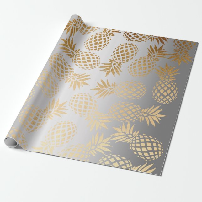 elegant faux gold tropical pineapple pattern wrapping paper (Unrolled)