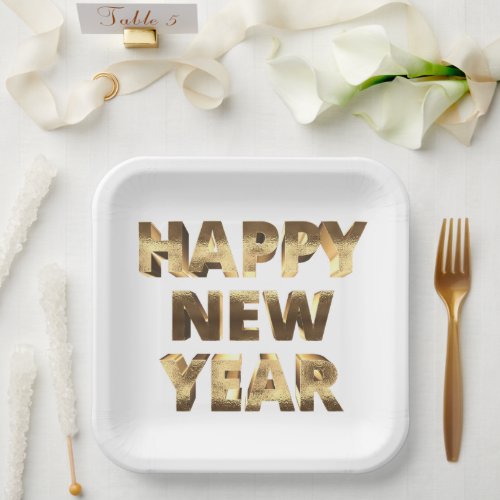 Elegant Faux Gold Typography Happy New Year Paper Plates