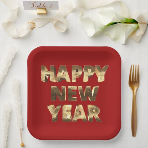 Elegant Faux Gold Typography Happy New Year Red Paper Plates