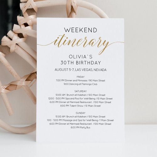 Elegant Faux Gold Weekend Birthday Itinerary  Invitation