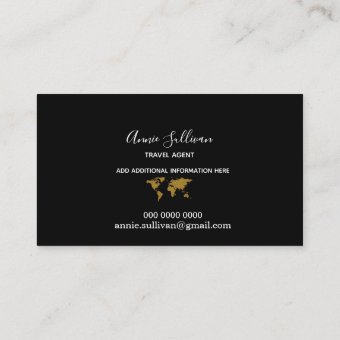 Elegant Faux Gold World Map Black Travel Agent Business Card | Zazzle