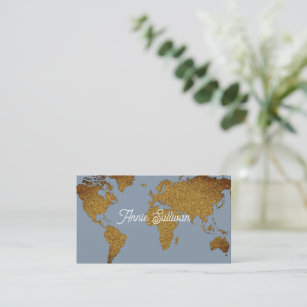 Elegant Faux Gold World Map Dusty Blue Business Card