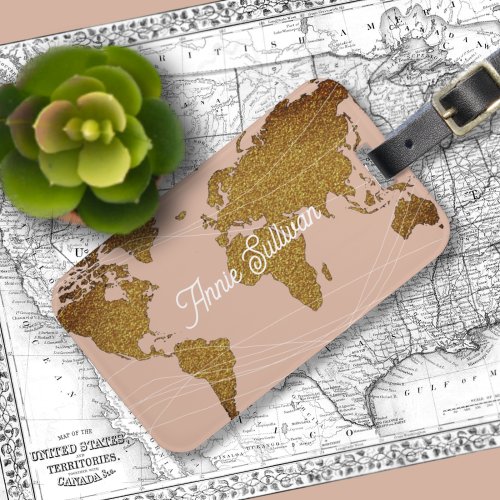 Elegant Faux Gold World Map Dusty Rose Travel Luggage Tag