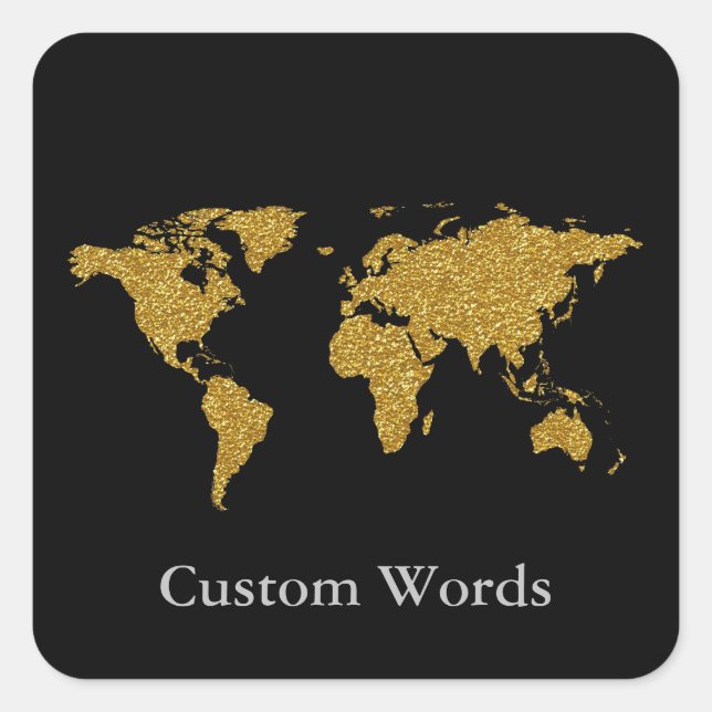 elegant faux gold world map on black  square sticker (Front)