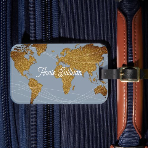 Elegant Faux Gold World Map on Dusty Blue Luggage Tag