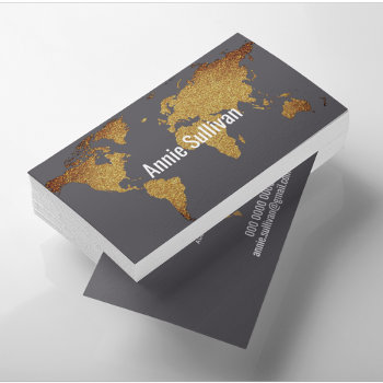 Elegant Faux Gold World Map On Gray Travel Agent Business Card by mixedworld at Zazzle