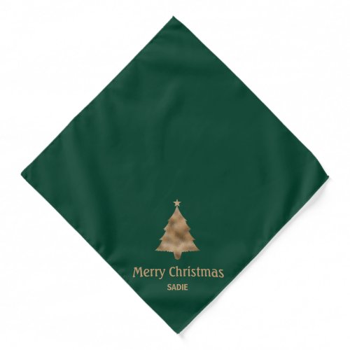 Elegant Faux Golden Christmas Tree On Green  Text Bandana