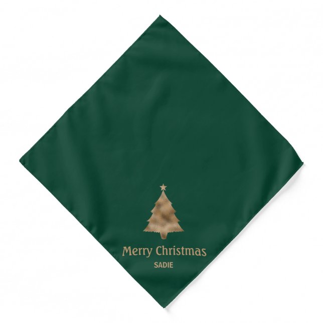 Elegant Faux Golden Christmas Tree On Green & Text Bandana (Front)