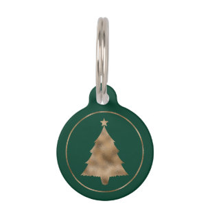Elegant Faux Golden Foil Christmas Tree On Green Pet ID Tag