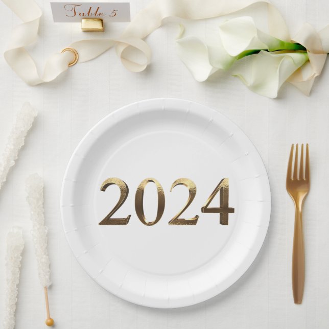 Elegant Faux Golden Numbers Happy New Year 2024 Paper Plates (Wedding)