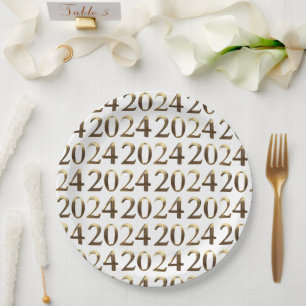 Elegant Faux Golden Numbers Happy New Year 2024 Paper Plates