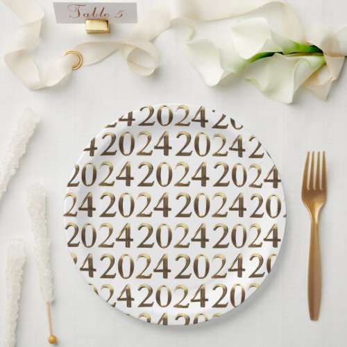 Elegant Faux Golden Numbers Happy New Year 2024 Paper Plates