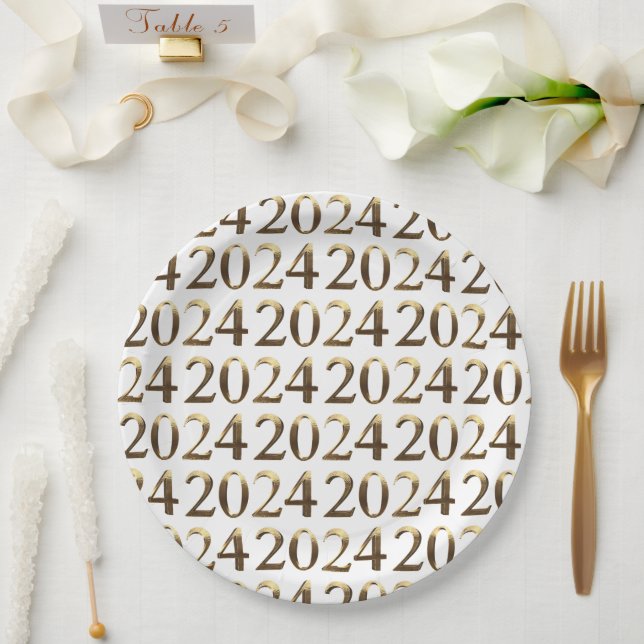 Elegant Faux Golden Numbers Happy New Year 2024 Paper Plates (Wedding)