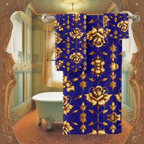 Elegant faux golden roses on royal blue bath towel set