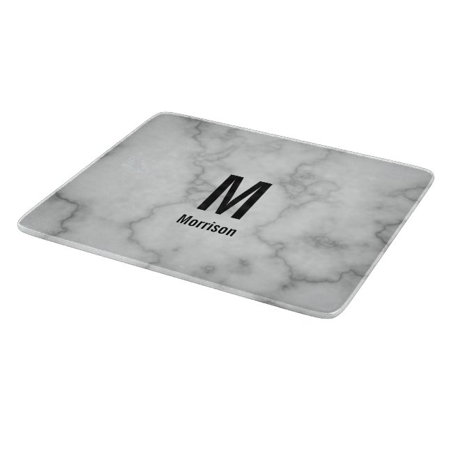 Elegant Faux Gray Marble with Name & Monogram Cutting Board (Corner)
