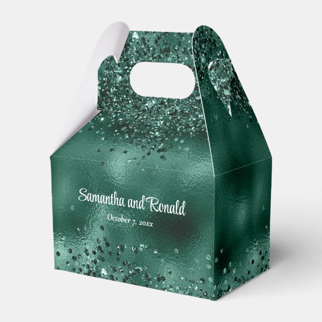 Elegant Faux Green Glitter and Foil Wedding Favor Boxes (Front Side)
