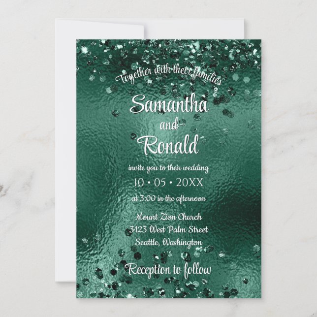 Elegant Faux Green Glitter & Foil Wedding Invitation (Front)