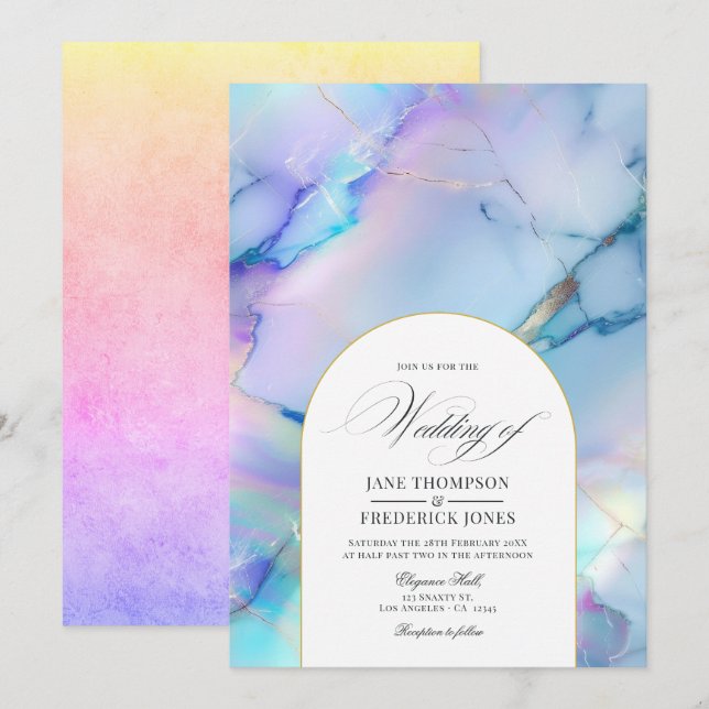Elegant Faux Holographic Marble Wedding Invitation (Front/Back)