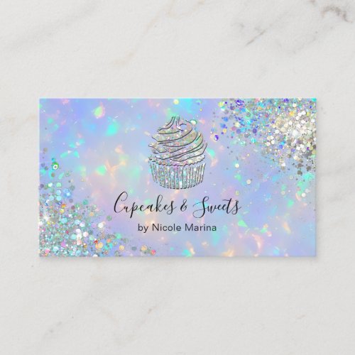 Elegant Faux Holographic Rainbow Glitter Cupcake Business Card