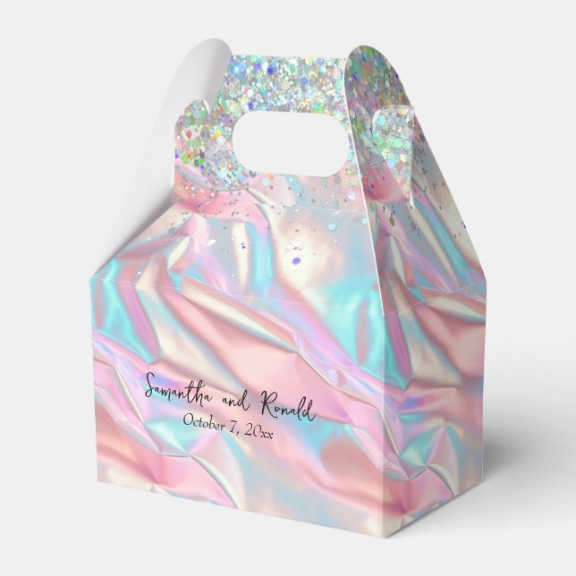 Elegant Faux Iridescent Foil and Glitter Wedding Favor Boxes (Front Side)
