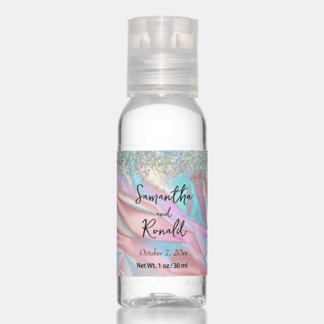 Elegant Faux Iridescent Foil and Glitter Wedding Hand Sanitizer (Front)