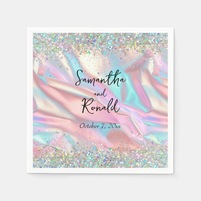 Elegant Faux Iridescent Foil and Glitter Wedding Napkins (Front)