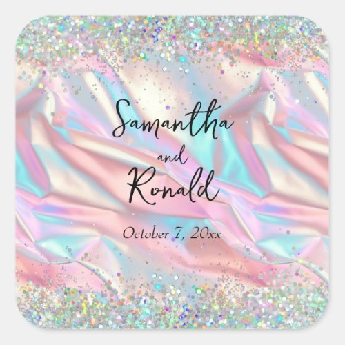 Elegant Faux Iridescent Foil and Glitter Wedding Square Sticker