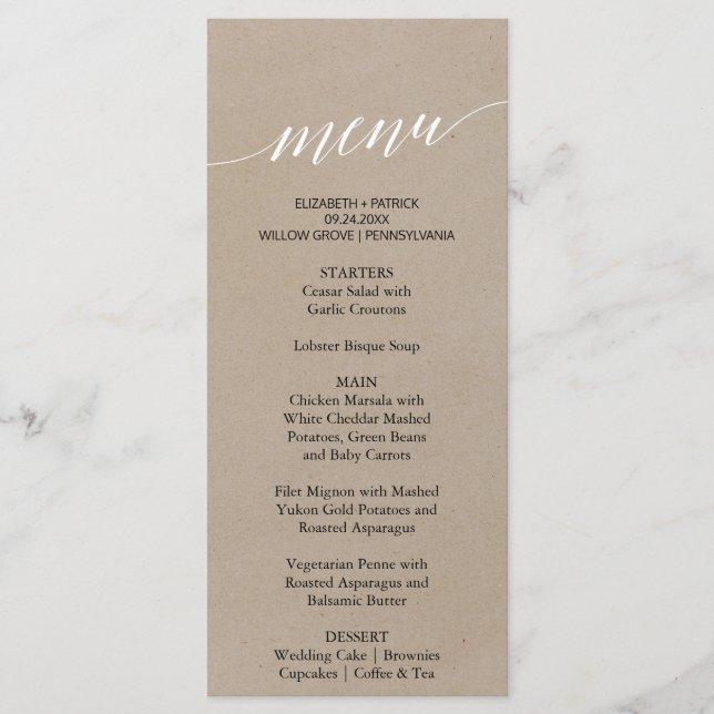 Elegant Faux Kraft Calligraphy Dinner Menu Card (Front)