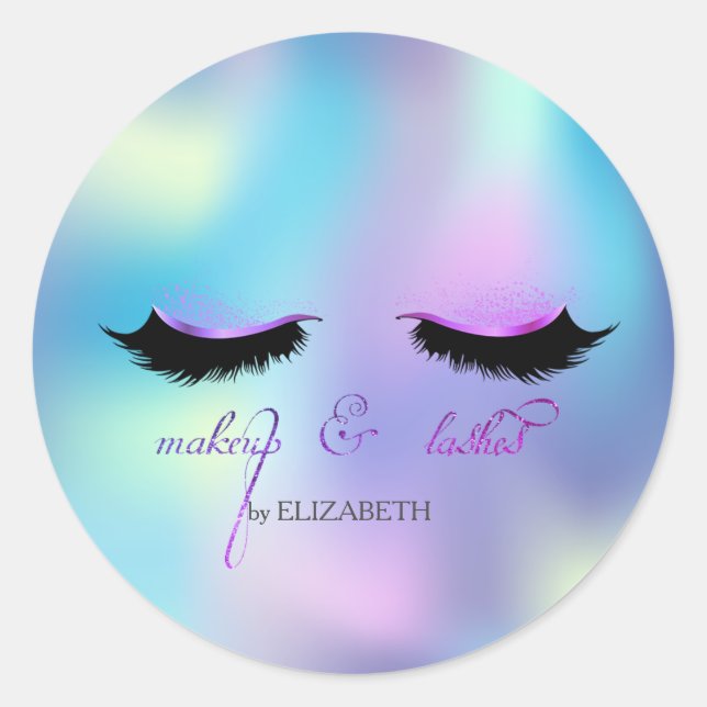 Elegant Faux Lashes Blue Holographic Classic Round Sticker (Front)