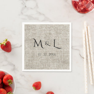 Elegant Faux Linen Black Monogram Date Wedding  Napkins