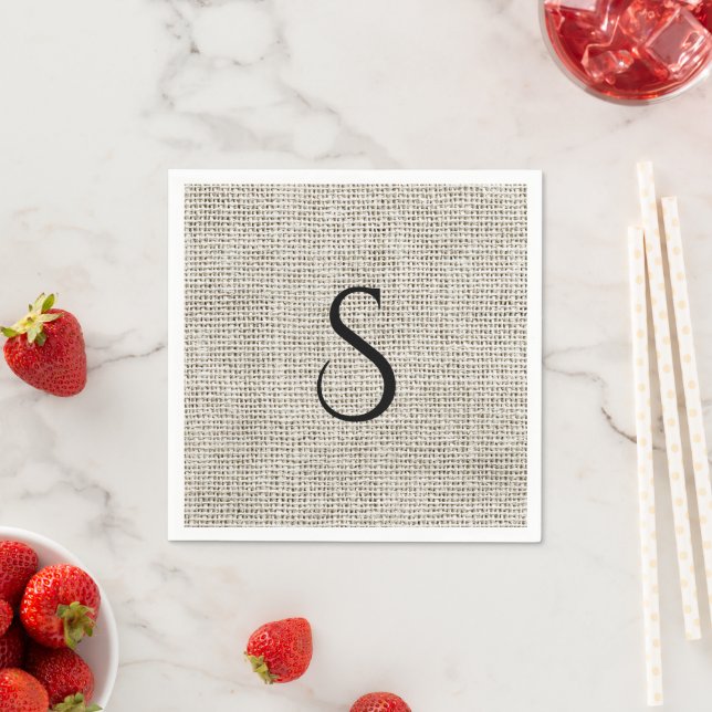 Elegant Faux Linen Black Monogram Wedding Napkins (Insitu)